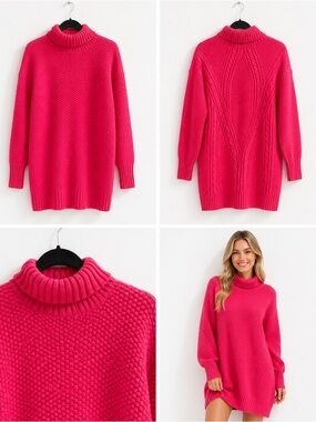 Turtleneck Knit Sweater Dress - Hot Pink